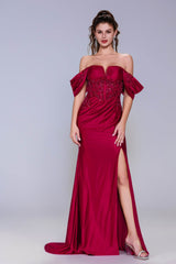 Sheath-Column Sweep-Brush Train Stretch Satin Prom Dress CS1058 - COCOMELODY