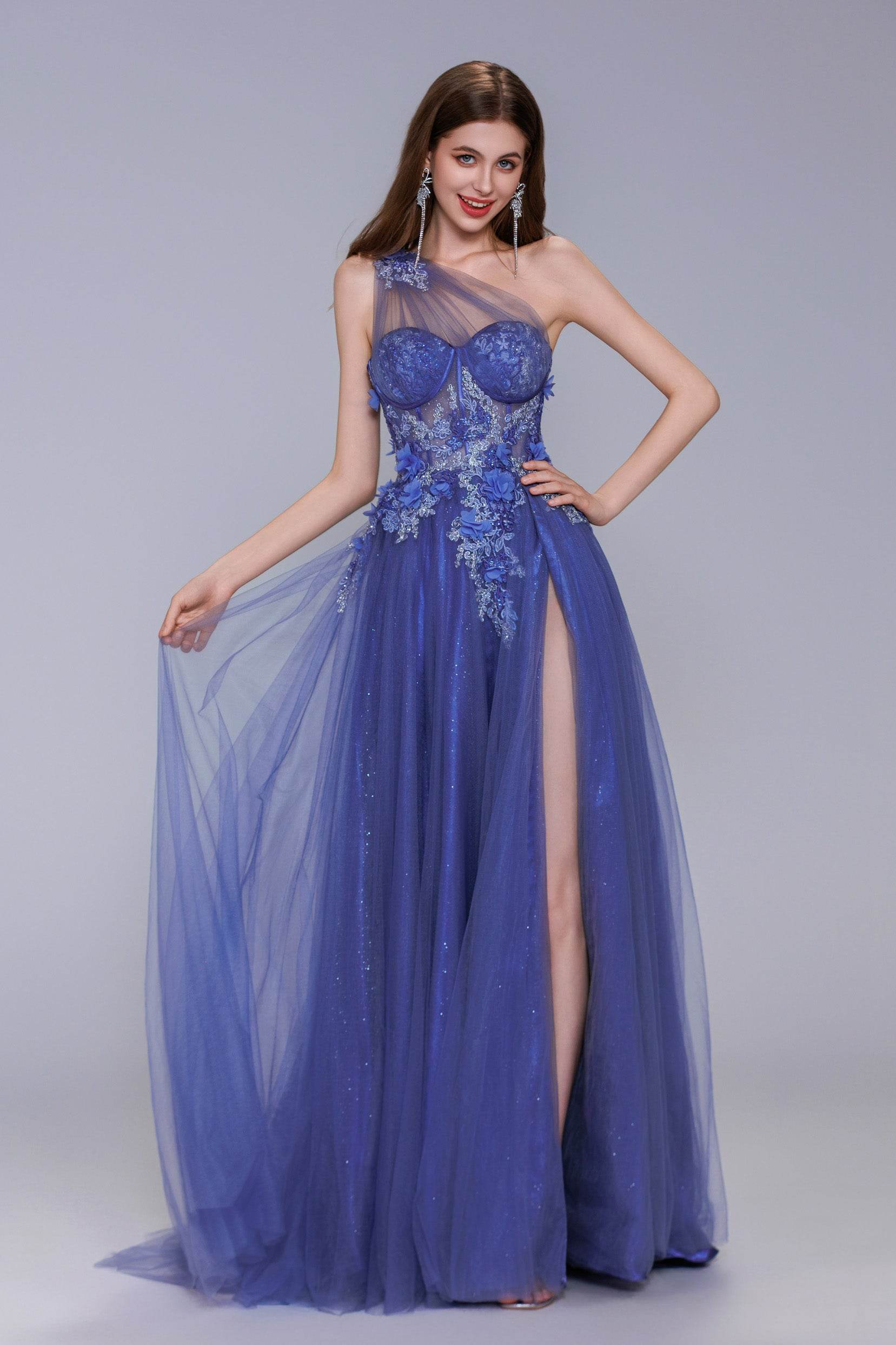 A-Line Sweep-Brush Train Tulle Prom Dress CS1069 - COCOMELODY