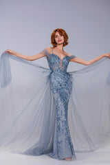 Sheath-Column Maxi Tulle Prom Dress CS1071 - COCOMELODY