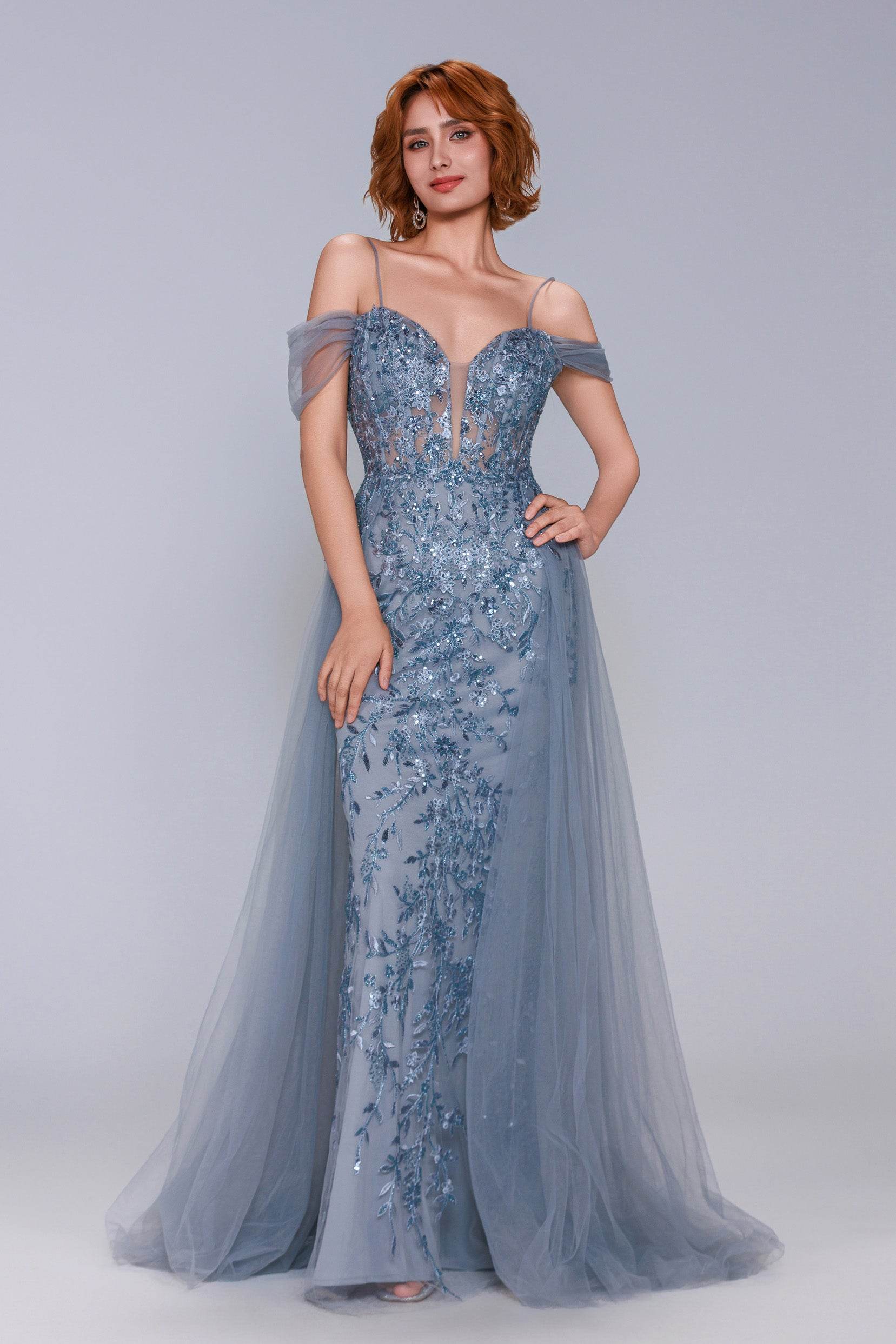 Sheath-Column Maxi Tulle Prom Dress CS1071 - COCOMELODY