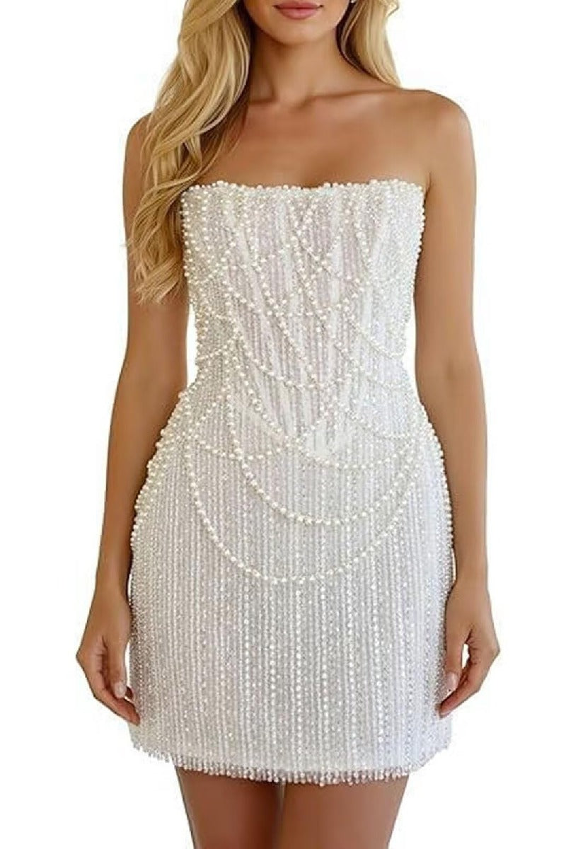 Sheath-Column Strapless Short Pearls Sequin Little White Dress CS1075CW