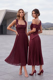 A-Line Tea Length Acetate Satin Chiffon Special Occasion Dress CS1079 - Wine - COCOMELODY