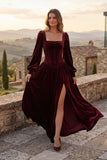 A-Line Floor Length Velvet Special Occasion Dress CS1085 - Wine - COCOMELODY