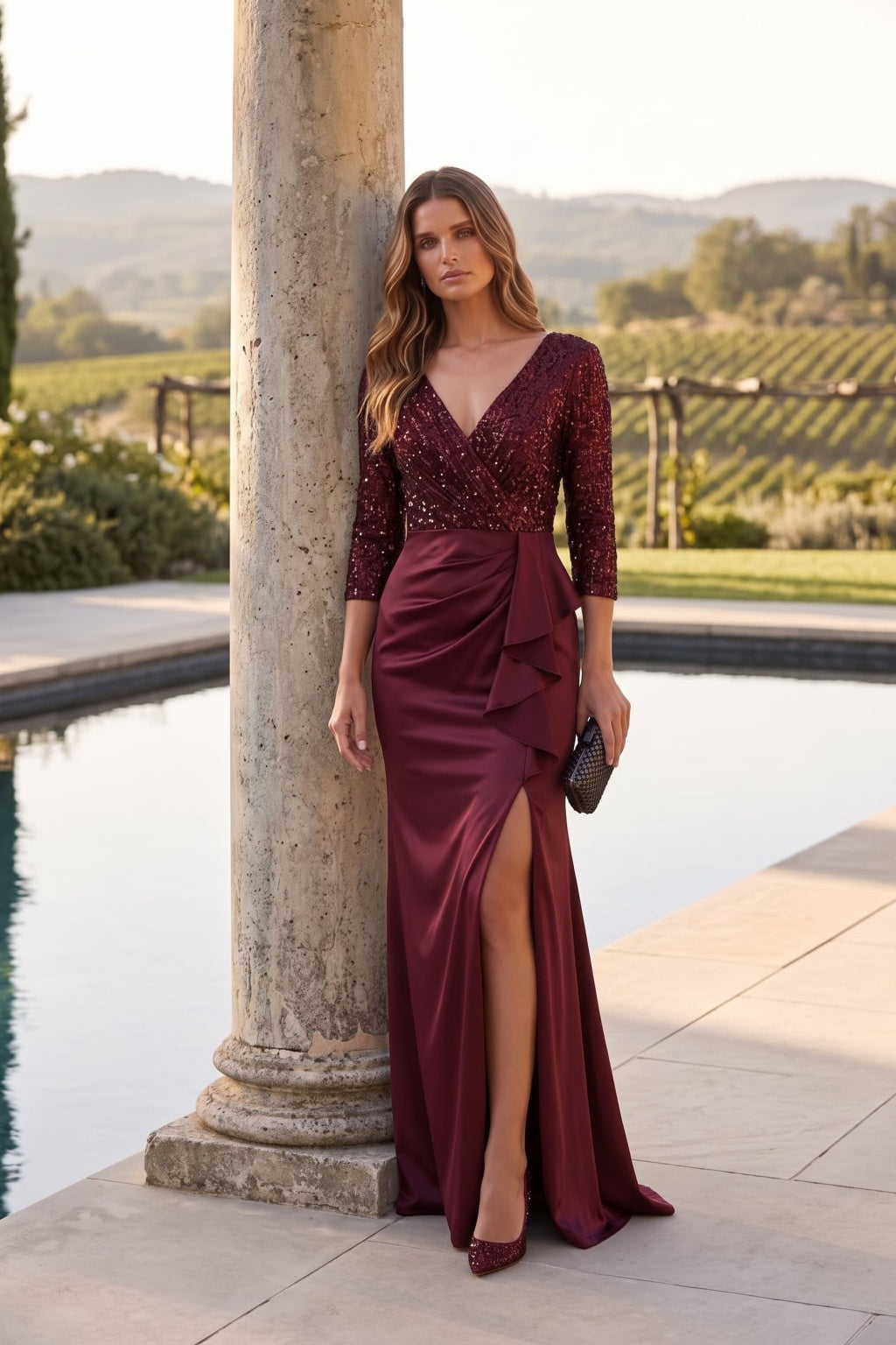 Mermaid Floor Length Sequined Stretch Satin Special Occasion Dress CS1086 - Wine - COCOMELODY