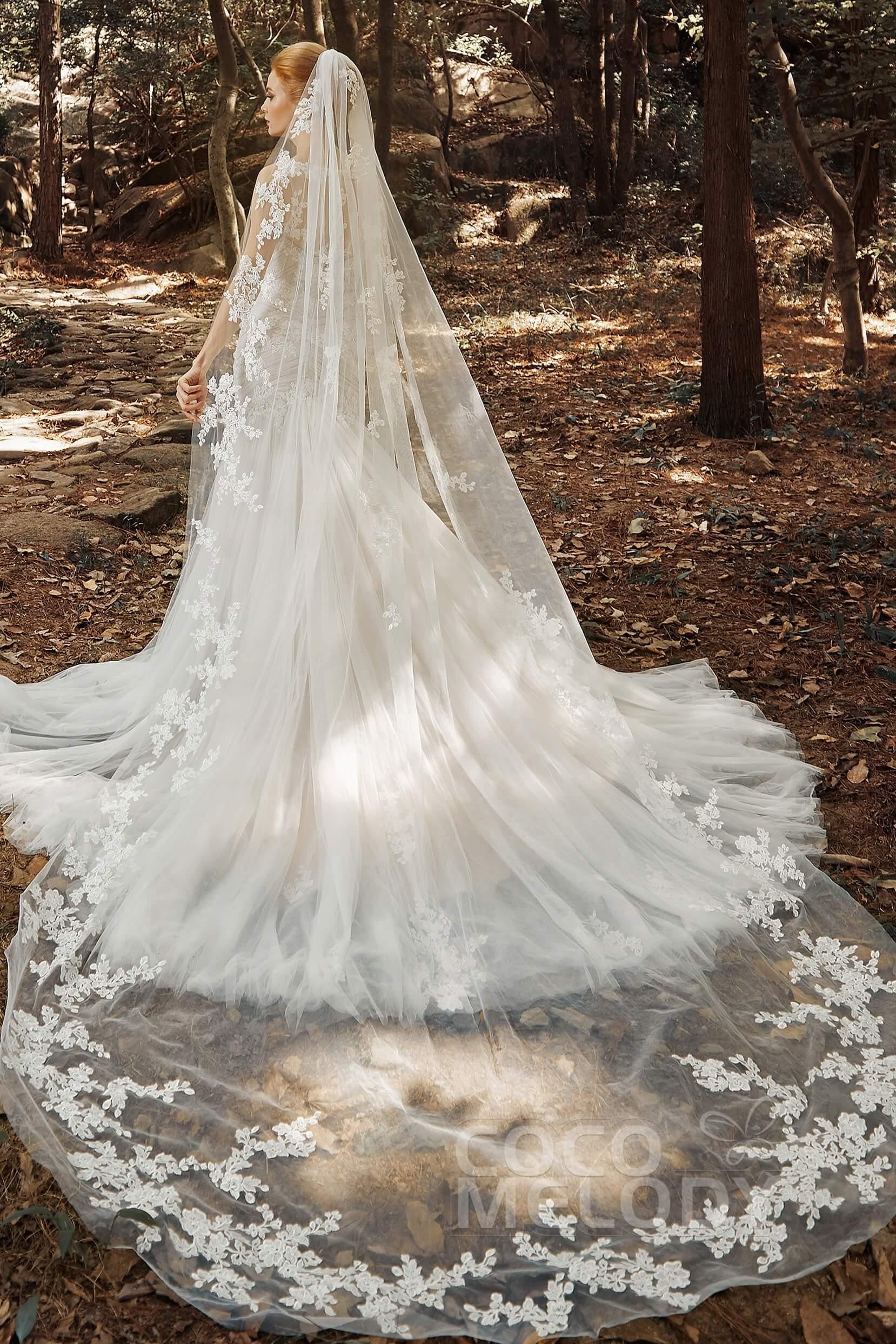 One-tier Lace Edge Tulle Cathedral Veils Appliques CV0188 - COCOMELODY