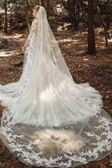 One-tier Lace Edge Tulle Cathedral Veils Appliques CV0188 - COCOMELODY