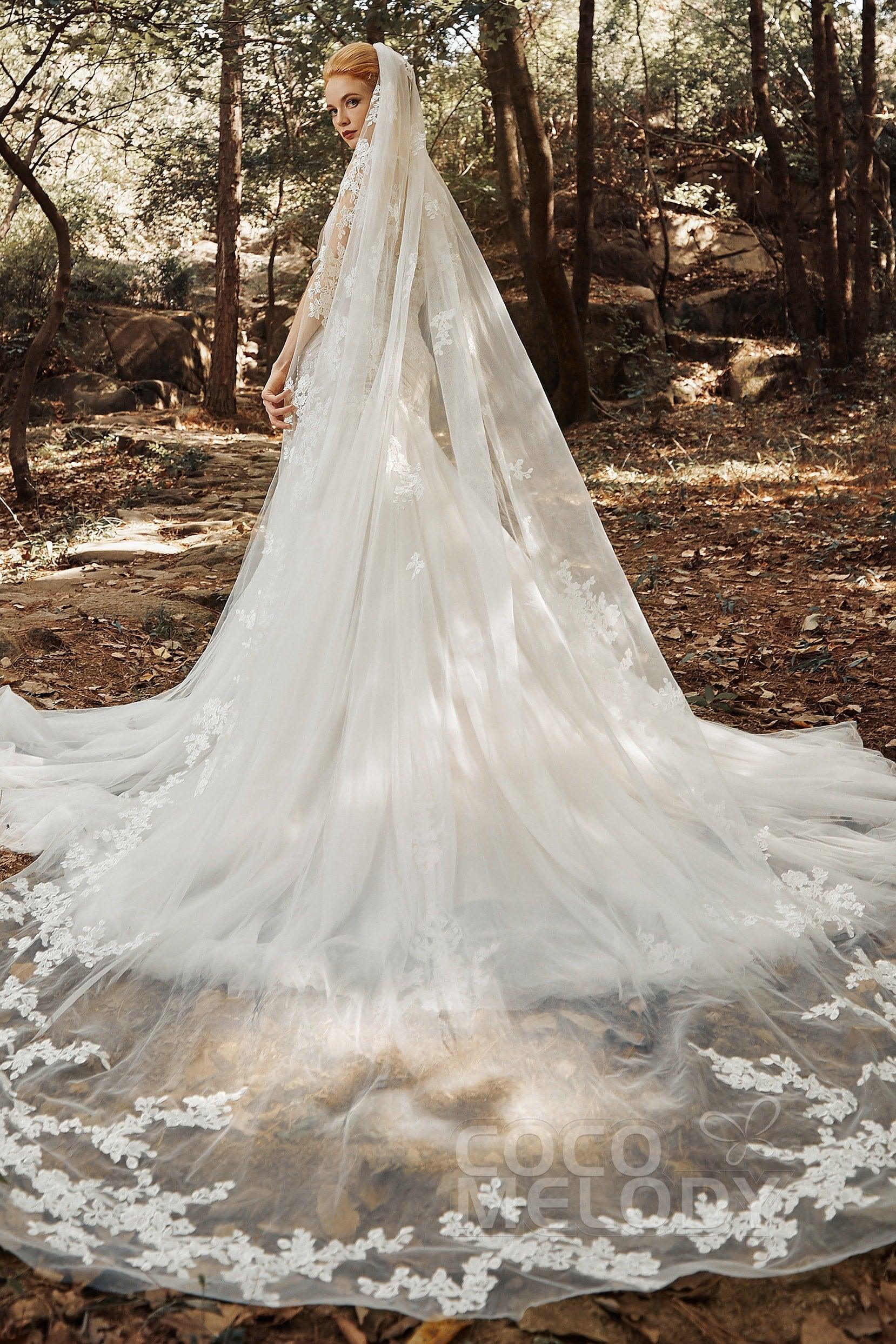 One-tier Lace Edge Tulle Cathedral Veils Appliques CV0188 - COCOMELODY