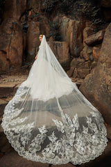 One-tier Lace Tulle Cathedral Veils Appliques Beading CV0190 - COCOMELODY