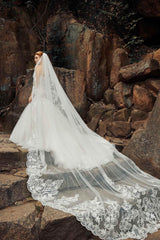 One-tier Lace Tulle Cathedral Veils Appliques Beading CV0190 - COCOMELODY