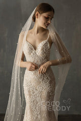 Elegant One-tier Cut Edge Tulle Chapel Veils Pearls CV0199 - COCOMELODY