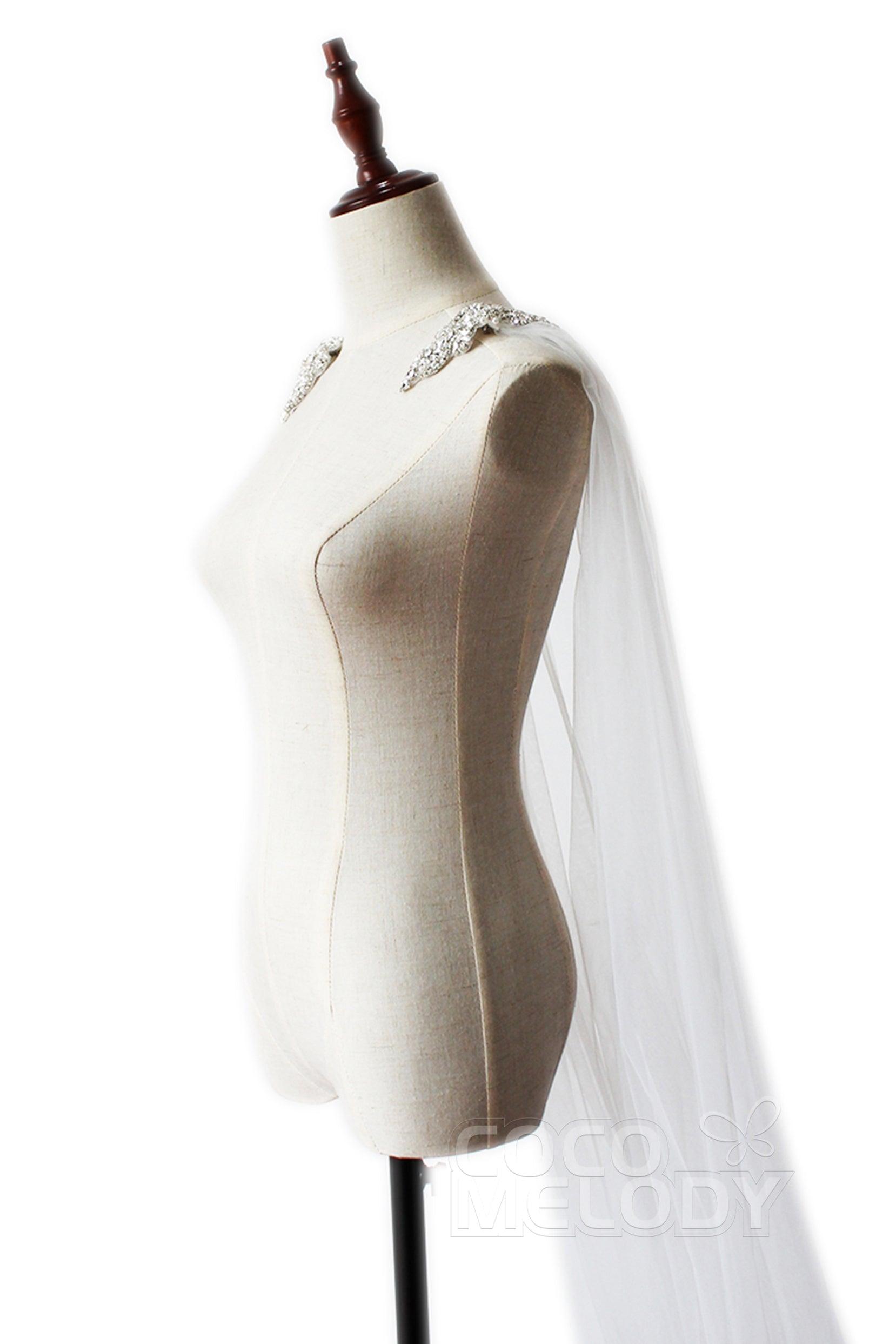 Elegant One-tier Cut Edge Tulle Chapel Veils Beading CV0200 - COCOMELODY