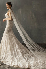 Elegant One-tier Cut Edge Tulle Chapel Veils Beading CV0200 - COCOMELODY
