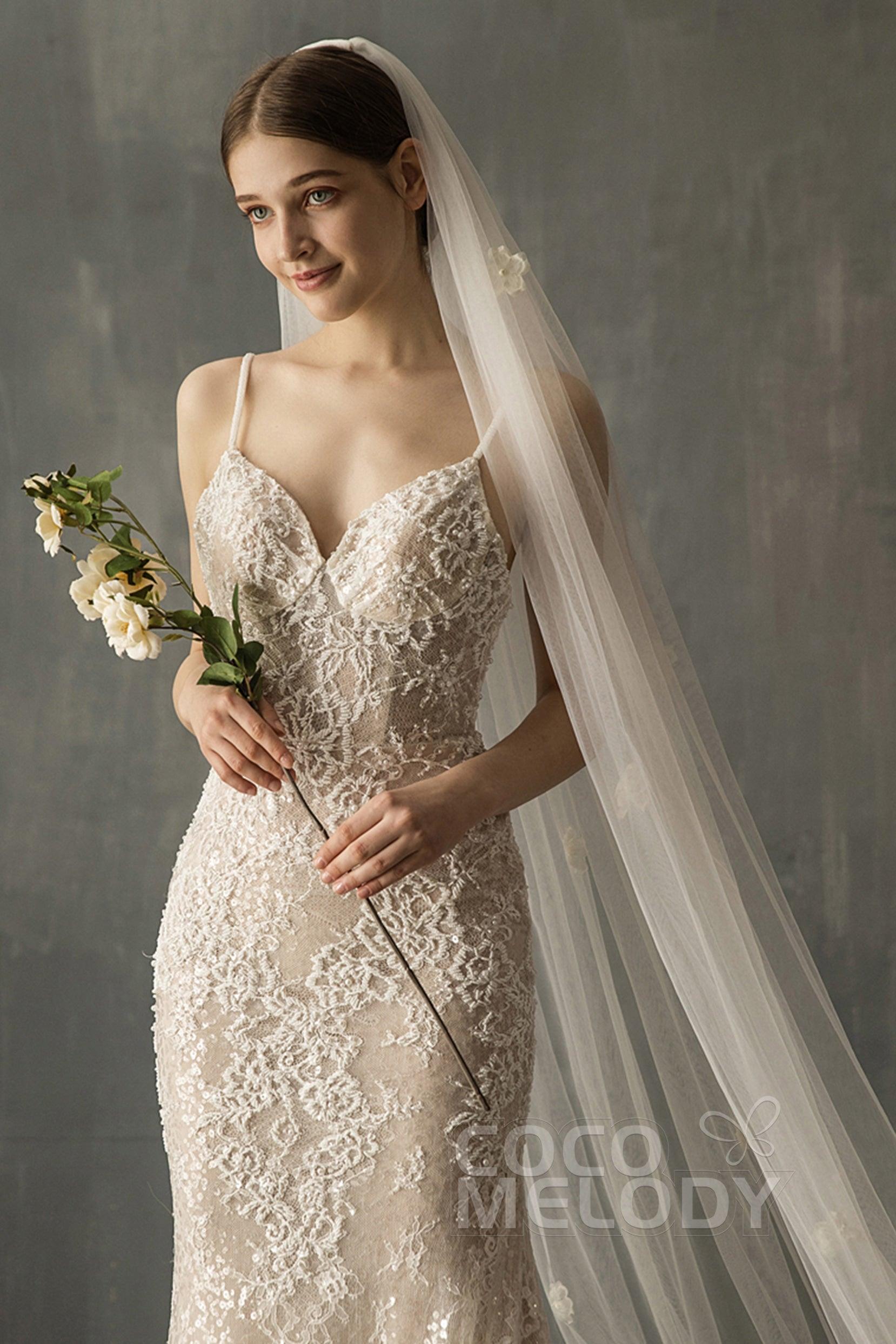 One-tier Cut Edge Tulle Cathedral Veils with Flower CV0208 - COCOMELODY