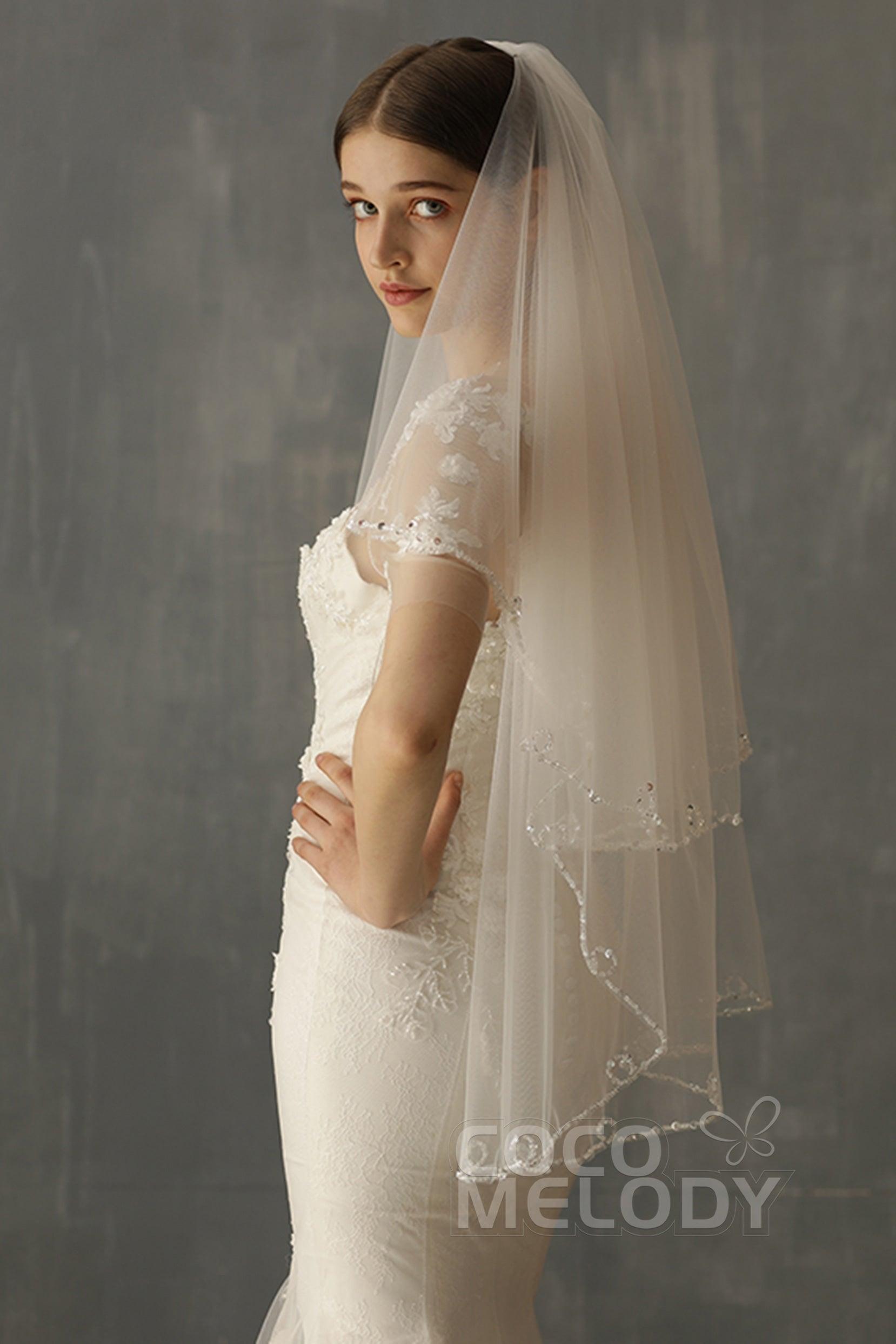 Two-tier Beaded Edge Tulle Hip Veils with Beading CV0224 - COCOMELODY