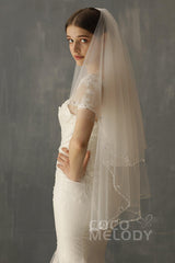 Two-tier Beaded Edge Tulle Hip Veils with Beading CV0224 - COCOMELODY