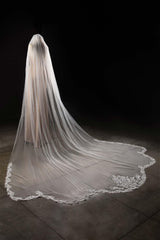 One-tier Lace Edge Tulle Lace Cathedral Veils with Appliques CV0287 - COCOMELODY