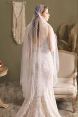 One-tier Cut Edge Tulle Tea Veils with Beading CV0294 - COCOMELODY
