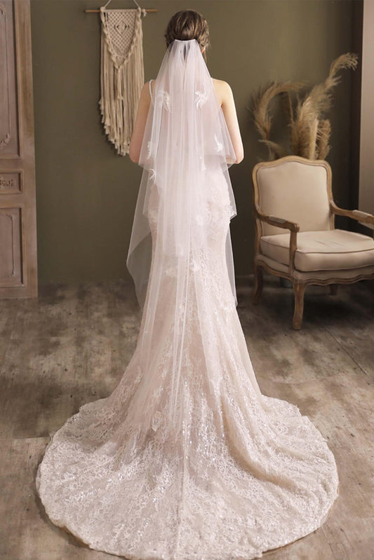 Two-tier Cut Edge Tulle Tea Veils with Appliques CV0295 - COCOMELODY 1658