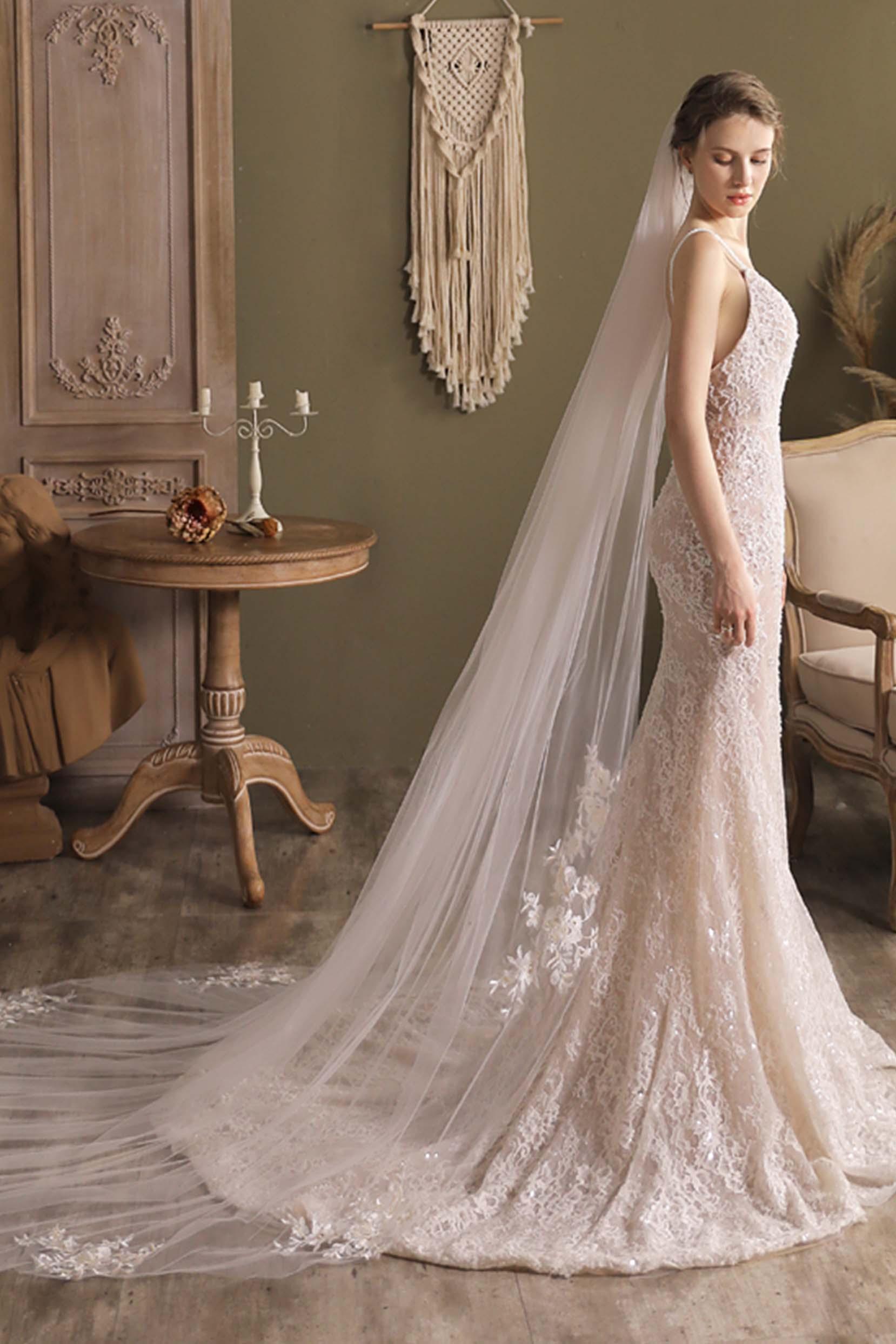 One-tier Cut Edge Tulle Cathedral Veils with Appliques CV0297 - COCOMELODY