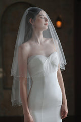 Two-tier Beaded Edge Tulle Hip Veils with Pearls CV0307 - COCOMELODY