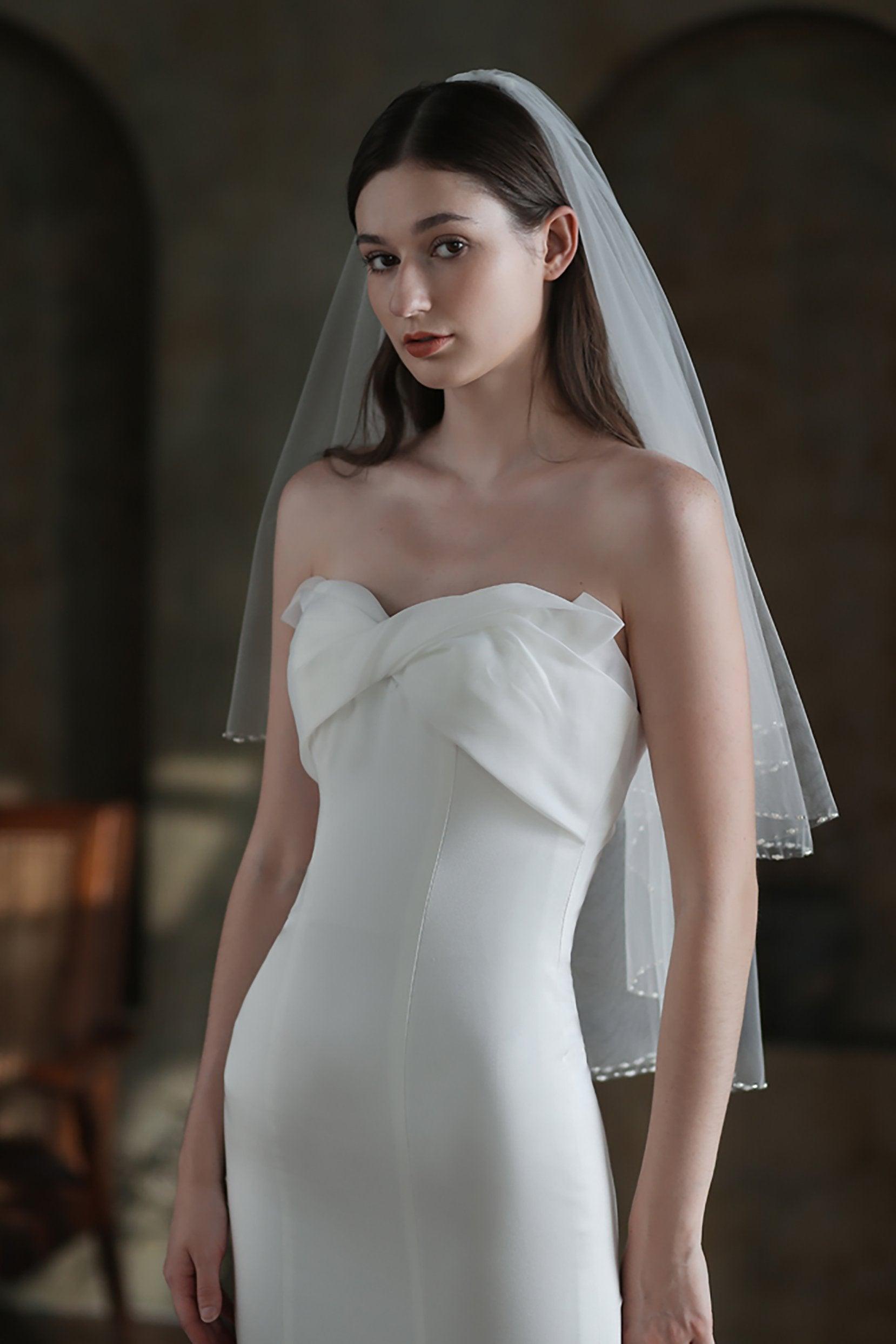 Two-tier Beaded Edge Tulle Hip Veils with Pearls CV0307 - COCOMELODY