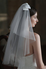 Two-tier Cut Edge Tulle Waist Veils with Bow CV0308 - COCOMELODY