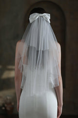 Two-tier Cut Edge Tulle Waist Veils with Bow CV0308 - COCOMELODY