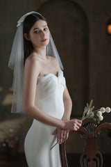 Two-tier Cut Edge Tulle Waist Veils with Bow CV0308 - COCOMELODY