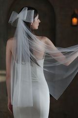 One-tier Cut Edge Tulle Hip Veils with Bow CV0309 - COCOMELODY