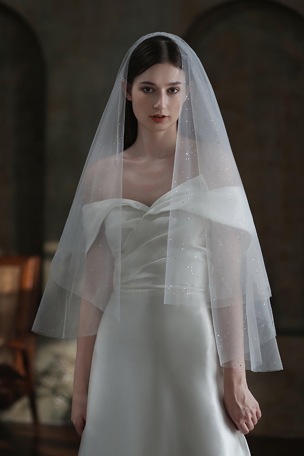 Two-tier Cut Edge Tulle Waist Veils with Sequin CV0312 - COCOMELODY
