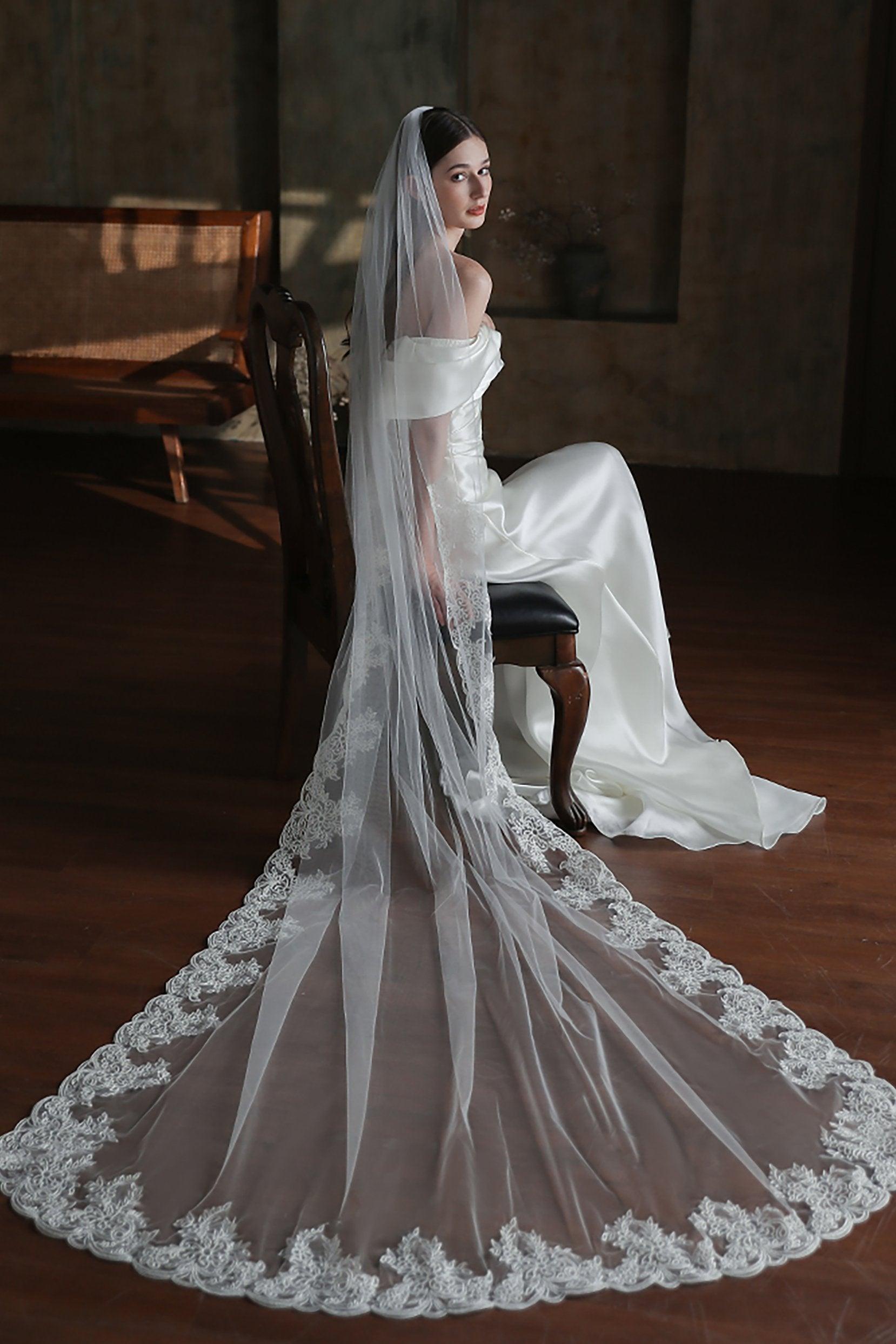 One-tier Lace Edge Tulle Chapel Veils with Appliques CV0317 - COCOMELODY