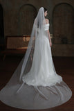 One-tier Cut Edge Tulle Chapel Veils with Pearls CV0318 - COCOMELODY