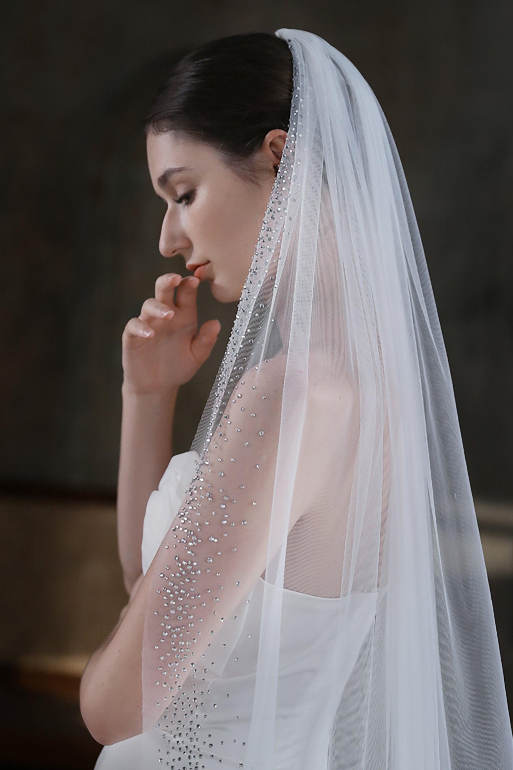 One-tier Cut Edge Tulle Chapel Veils with Sequin CV0321 - COCOMELODY