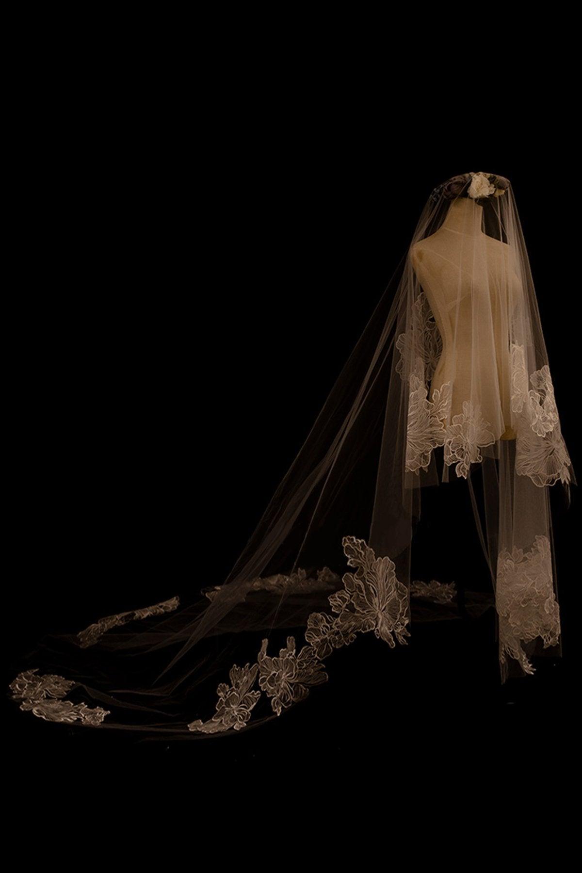 One-tier Lace Edge Tulle Lace Cathedral Veils with CV0349 - COCOMELODY