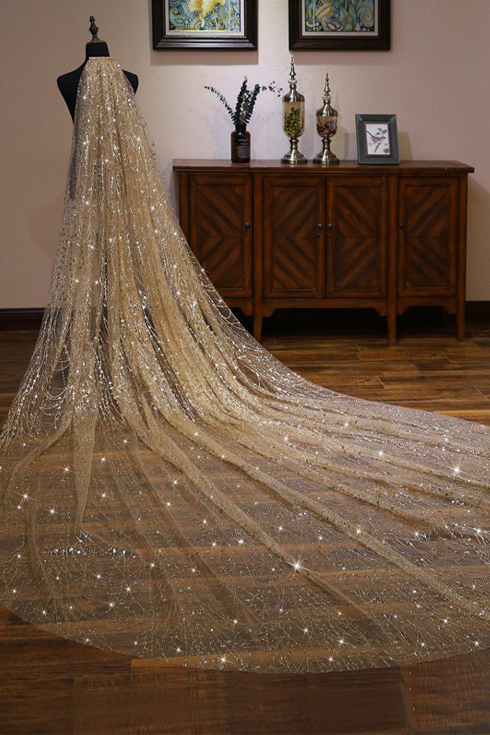 One-tier Cut Edge Tulle Cathedral Veils with Glitter Powder CV0358 - COCOMELODY