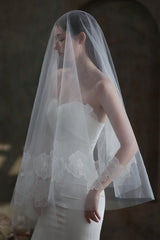 One-tier Cut Edge Tulle Lace Chapel Veils with Appliques CV0368 - COCOMELODY