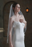 One-tier Lace Edge Tulle Lace Chapel Veils with Pearls CV0370 - COCOMELODY