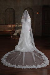 One-tier Lace Edge Tulle Lace Cathedral Veils with CV0373 - COCOMELODY