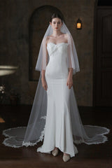 Two-tier Lace Edge Tulle Lace Chapel Veils with CV0374 - COCOMELODY