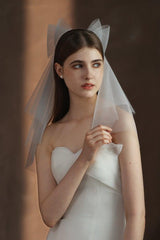 Two-tier Cut Edge Tulle Waist Veils with Bow CV0376 - COCOMELODY