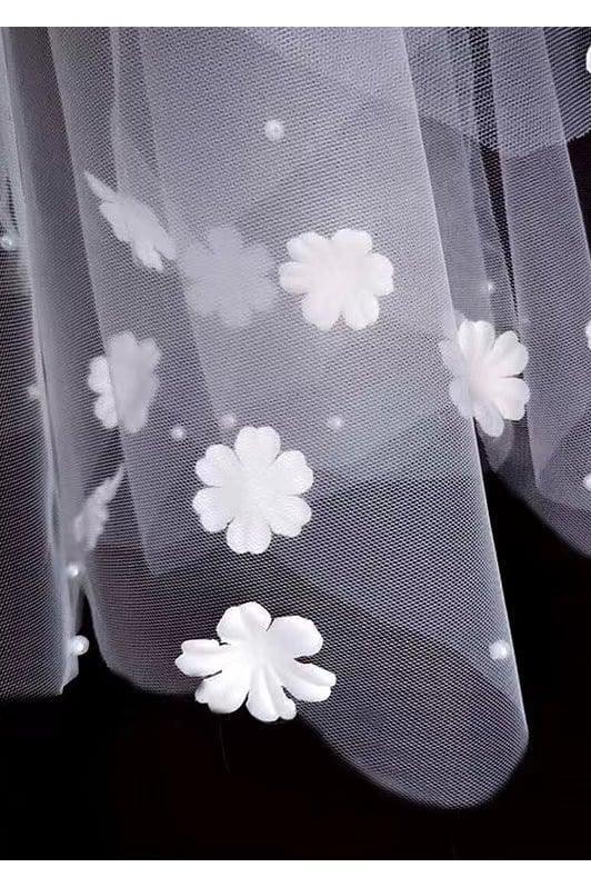 One-tier Cut Edge Tulle Waist Veils with Flower Pearls CV0384 - COCOMELODY