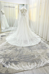 One-tier Lace Edge Tulle Chapel Veils with Appliques Beading CV0398 - COCOMELODY
