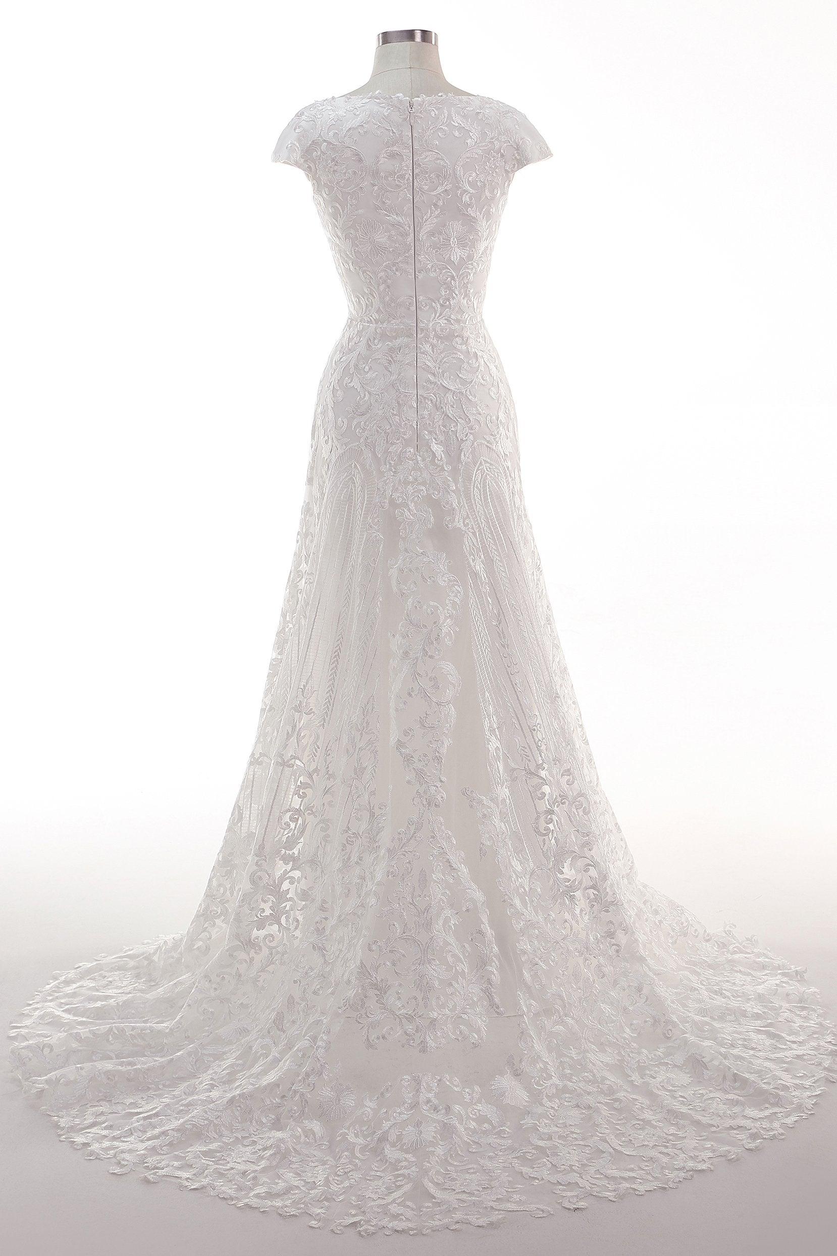 Sheath-Column Sweep Train Tulle Lace Wedding Dress CW2457 - COCOMELODY