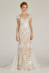 Trumpet Court Train Lace Knitted Fabric Wedding Dress CW2129CR - COCOMELODY