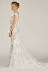 Trumpet Court Train Lace Knitted Fabric Wedding Dress CW2129CR - COCOMELODY