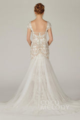 Trumpet Court Train Lace Knitted Fabric Wedding Dress CW2129CR - COCOMELODY