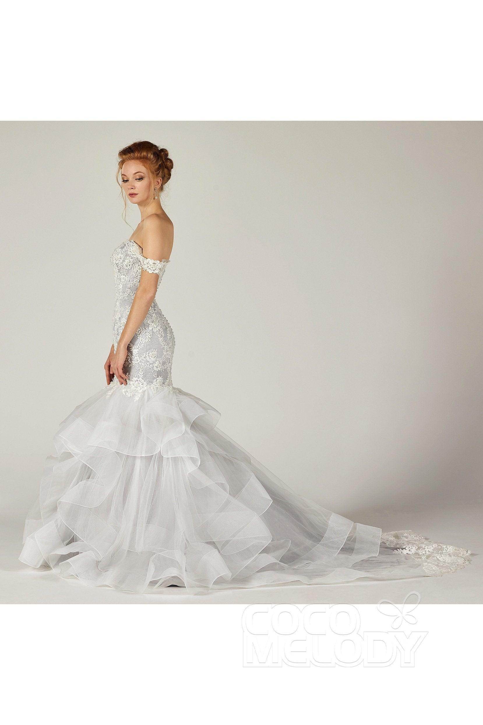 Trumpet Court Train Tulle Elastic Satin Wedding Dress CW2138CR - COCOMELODY