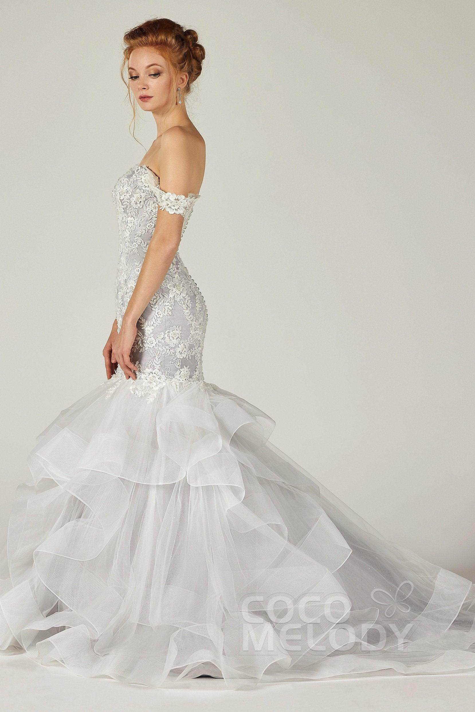 Trumpet Court Train Tulle Elastic Satin Wedding Dress CW2138CR - COCOMELODY