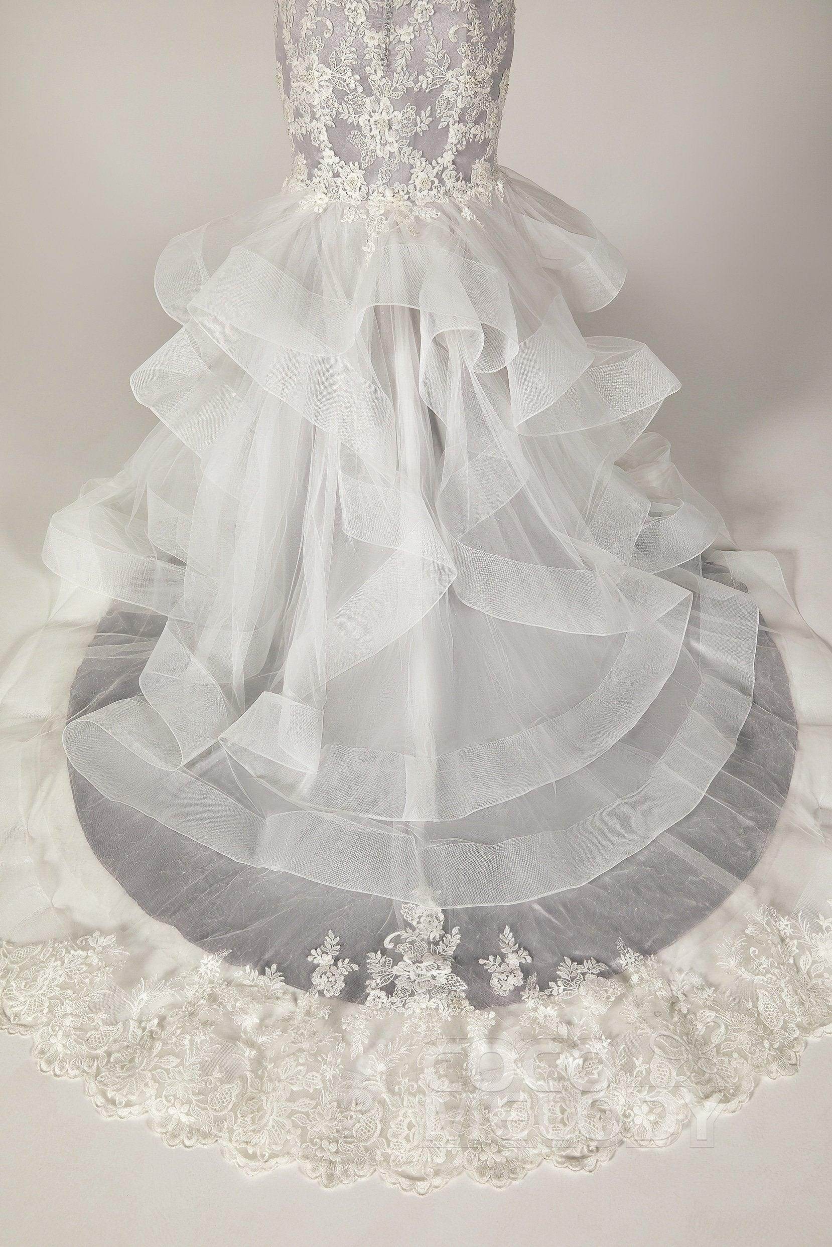 Trumpet Court Train Tulle Elastic Satin Wedding Dress CW2138CR - COCOMELODY