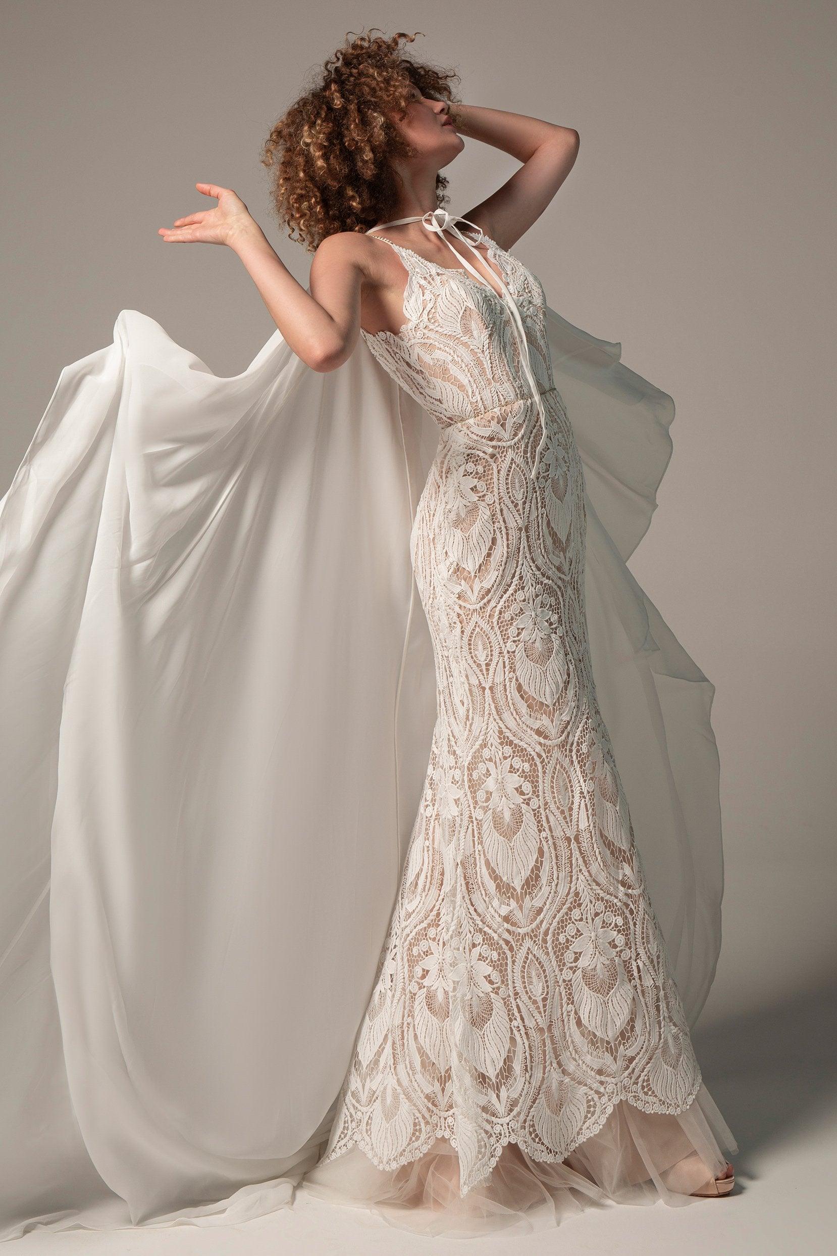 Trumpet Sweep-Brush Train Chiffon Lace Wedding Dress CW2221 - COCOMELODY
